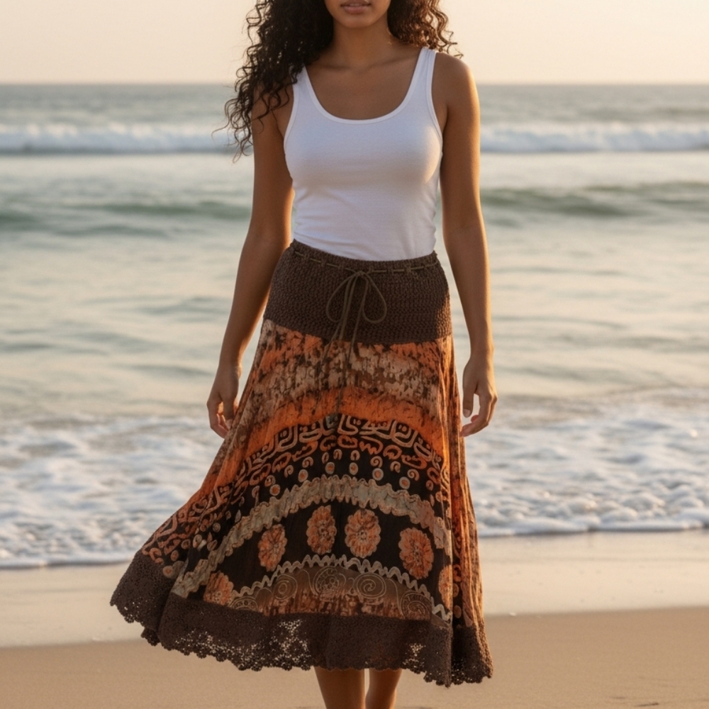 Kaktus Vibrant  Skirt with Orange and Brown Accents - Bohemian 6709